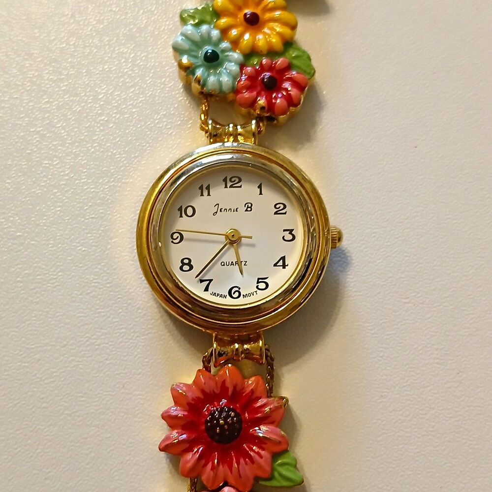 Y2K Jennie B Women's Quartz Colorful Floral Gold Tone Bracelet Watch 23.7mm